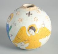 A TURKISH ARMENIAN KUTAHYA HANGING BALL ORNAMENT, painted with religious subjects, 12cm.