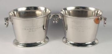 A PAIR OF OVAL METAL WINE COOLERS WITH RING HANDLES. 15
