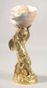 A 19TH CENTURY GILDED BRONZE CUPID holding a shell. 14ins high.