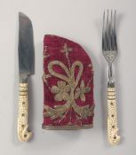 AN UNUSUAL EARLY 19TH CENTURY OTTOMAN KNIFE AND FORK SET, with inlaid bone handles and embroidered