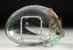A DAUM GLASS DISH the rim mounted with a lizard on a leaf. 4.5ins long.