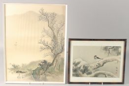 TWO JAPANESE PAINTINGS ON SILK, one depicting a bird on a branch, the other of a landscape scene,