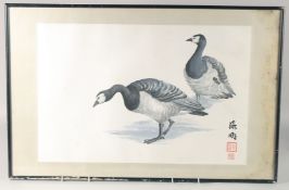 A LARGE CHINESE PAINTING ON PAPER, depicting geese, inscribed and with two red seals, framed and
