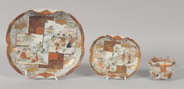 A COLLECTION OF THREE JAPANESE KUTANI PORCELAIN ITEMS; a plate, a small dish and a lidded box;