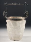 A FROSTED GLASS ICE BUCKET WITH PLATED MOUNTS, the handle mounted with two bears. 9.5