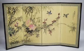 A GOOD CHINESE FOLDING FOUR PANEL SCREEN, the panels with a painting of birds and native flora, with