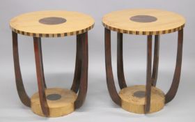 A PAIR OF ART DECO STYLE CIRCULAR OCCASIONAL TABLE with inlaid decoration. 1ft 11.5ins diameter x