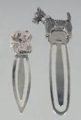 TWO SILVER DOG BOOK MARKERS.