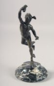 A GOOD BRONZE MERCURY on a circular marble base. 7.5ins high.