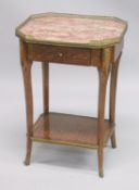 A 19TH CENTURY FRENCH KINGWOOD AND PARQUETRY TWO TIER OCCASIONAL TABLE, with a brass galleried