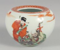 A CHINESE FAMILLE VERTE / CORAL RED PORCELAIN BRUSH WASH, decorated with immortals and children, the