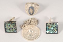 A PAIR OF SILVER CUFF LINKS, RING AND ST. CHRISTOPHER.