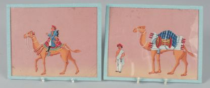TWO 19TH CENTURY INDIAN COMPANY SCHOOL PAINTINGS ON MICA, each depicting a camel and rider, 14cm x