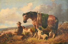 Attributed to John Duvall, Resting the faithful friends, a pony, two dogs and a seated sportsman