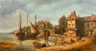 19th Century Continental School, a pair of oil on canvas scenes of figures mending nets in a coastal