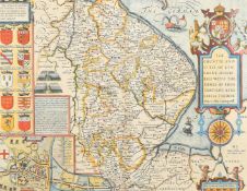 Jodocus Hondius, 'The Countie and Citie of Lyncolne', hand coloured engraved map dated 1610, (double