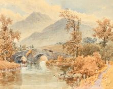 William James Boddy (1832-1911) British, A North Wales landscape with figures on a bridge and cattle