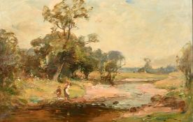 George Whitton Johnstone (1849-1901) Scottish, figures crossing a river, oil on canvas, indistinctly