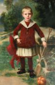 Edmond Louis Dupain (1847-1933) French, a child in a red outfit in a lakeside setting, oil on