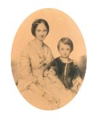Circle of Winterhalter, Portrait of mother and son, charcoal, in an oval verre eglomise mount, 16