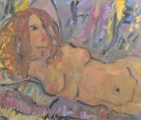 Kanwaldeep Singh Kang, signed Nicks (1964-2007) British, 'Elena', a reclining nude, oil on canvas,