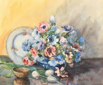 Marion Broom (1878-1962), Still life of flowers in a blue bowl, a blue plate and tulips,