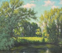 Rudolf Onslow Ford (b. circa 1880), a tree lined river landscape, signed and inscribed on the