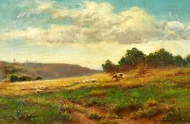 Davenport Bates (1867-1930) British, Sheep and cattle on a hillside in summer, oil on canvas,