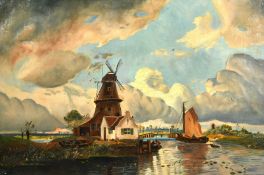 19th Century, A river landscape with a windmill and figures on a barge, oil on canvas, 15.5