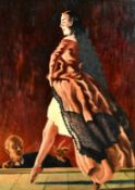 20th Century Continental School, a female dancer on stage with a conductor in the orchestra pit, oil