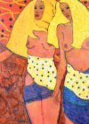 Kanwaldeep Singh Kang, signed Nicks (1964-2007) British, two scantily clad females, oil on board,