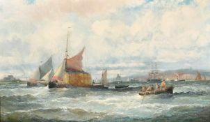 William George Thornley (1857-1935) Sailing boats, a tall ship, paddle steamer and a hay barge in