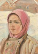 Early 20th Century Russian School, a head study of a female in winter, oil on board, signed in
