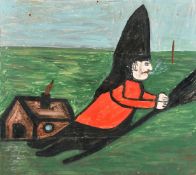 Folk Art, A witch on a broom stick, oil on board, 16.5
