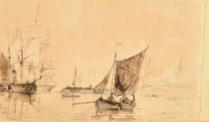 Circle of E.W. Cooke, Shipping off a coast, possibly Portsmouth, pencil and monochrome