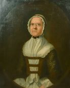 An 18th Century half-length portrait of a lady in a lace headdress, possibly American, oil on