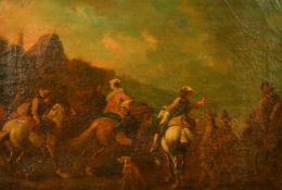 18th Century Continental School, figures on horses preparing for battle, oil on canvas, inscribed on
