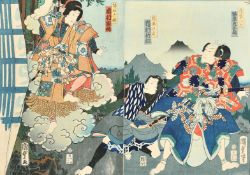Kunisada, 19th Century Japanese woodblock, diptych of Samurai, various seals and inscriptions, 14.5