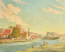 George Keith de Blois Middlecoat (1890-1959), A river running through a hamlet with a moored sailing