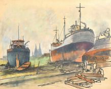 Erich Blas (1903-1987) German, Boats in dock, watercolour and pastel, label verso, 18
