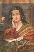 George Lance (1802-1864) British, a young lady leaning her hand upon her cheek in an open window,