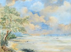 Attributed to Harry Willson, figures in a rowing boat in a bay, watercolour, signed, 5