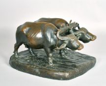 Vass Aron (1891-1980), a good bronze group of two water buffaloes, signed and inscribed 'Vass Aron