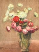 Katherine Turner (1863-1951) Pink and white flowers in a glass vase, watercolour, inscription verso,