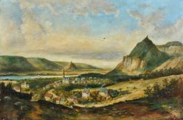 19th Century Continental School, a view of a riverside town surrounded by hills, oil on mahogany