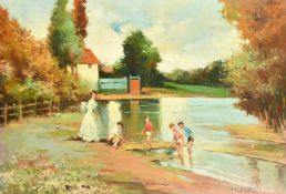 J. Giralt Lerin (b.1907) Spanish, A mother and children playing by the edge of a river, oil on