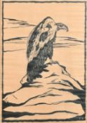 European School (early 20th Century) A Vulture on a rocky outcrop, woodblock print, signed with