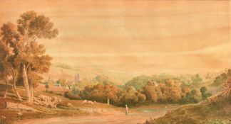 19th Century English School, wayfarers and sheep in a landscape, watercolour, 9