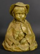 19th/20th Century wax sculpture of a girl in a hat, ready for casting, 11.5