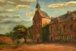 19th Century School, a study of a country house with chickens in the foreground, oil on canvas,
